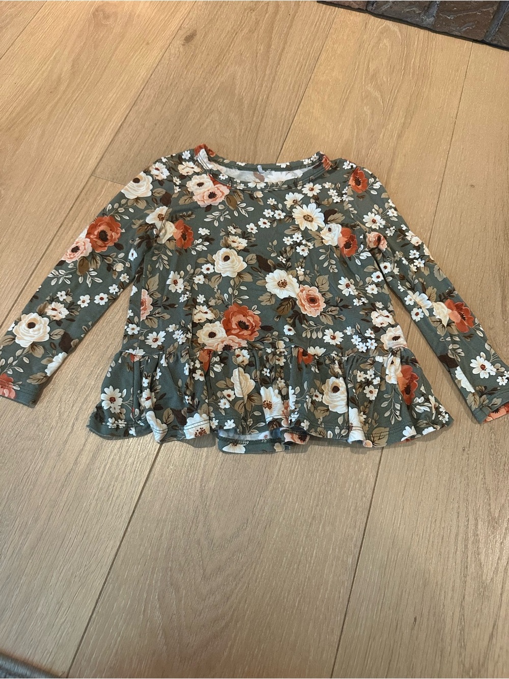 Posh Peanut Olive Green Floral Long Sleeve Autumn Peplum Top